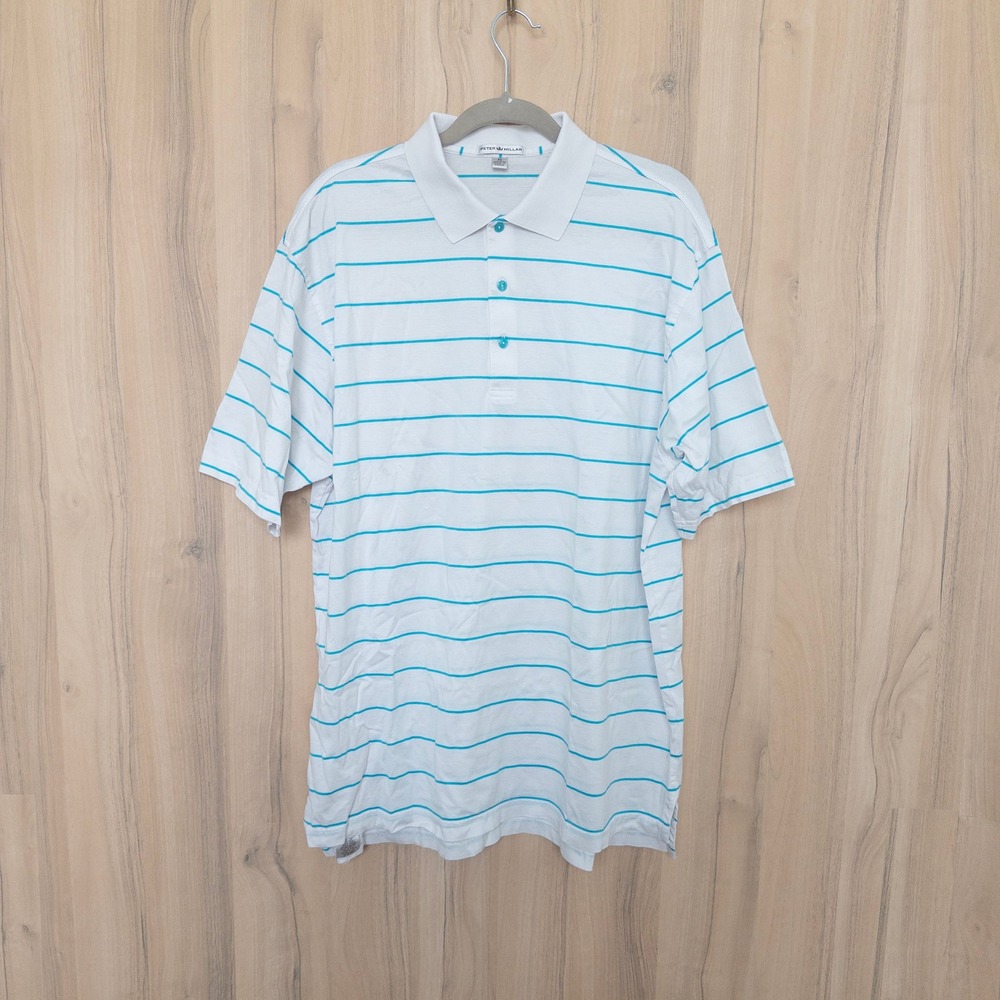 Peter Millar Mens Striped Polo Shirt XL White Teal Cotton Short Sleeve Preppy